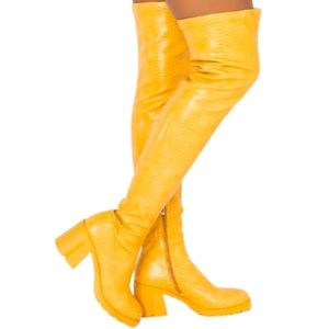Azalea Wang Vegan Yellow Croc Embossed Leather Chunky Riding Boots